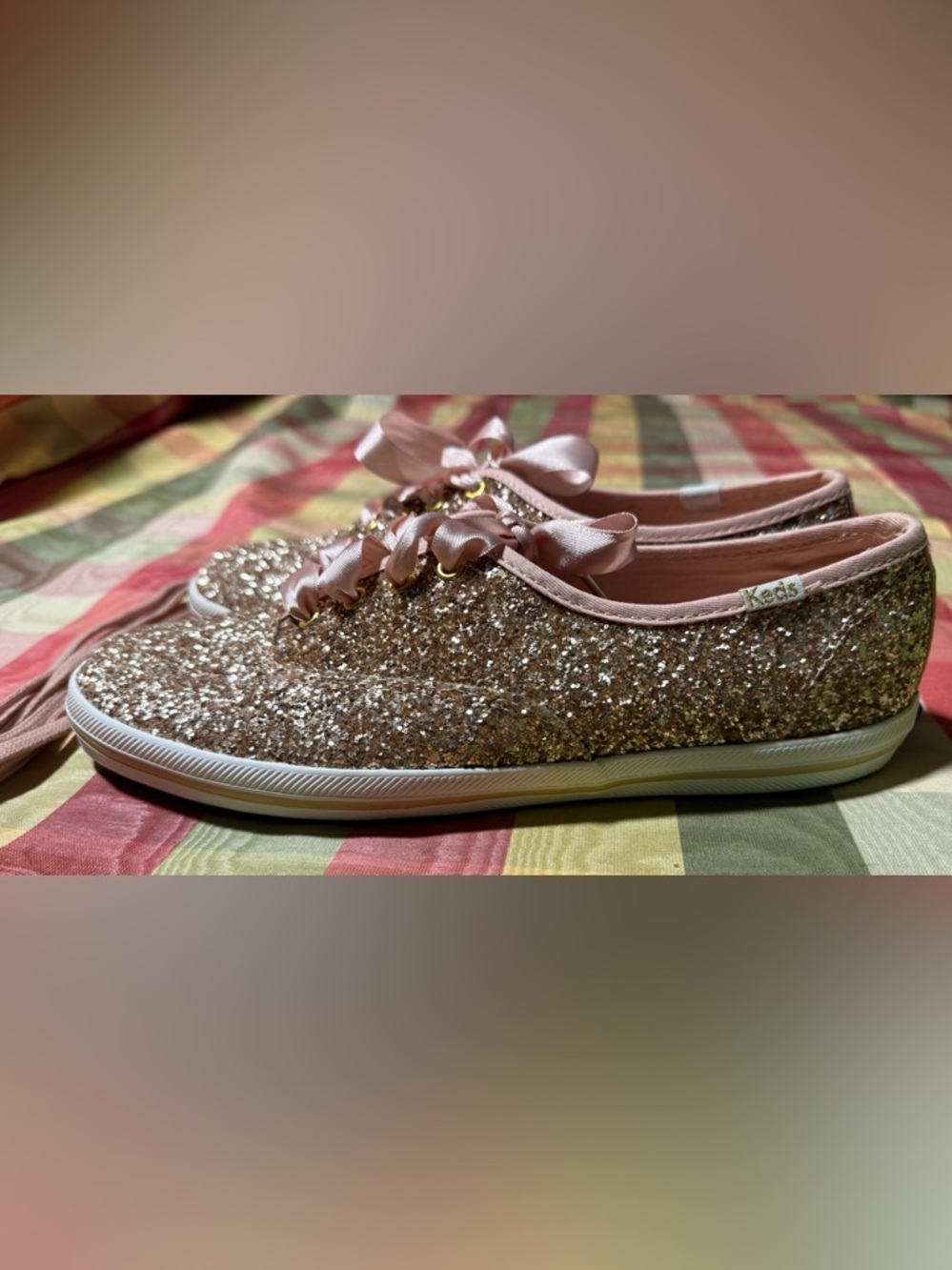 kate spade Gold Glitter Sneakers with Pink Satin Ribbon Laces - Picture 2 of 10